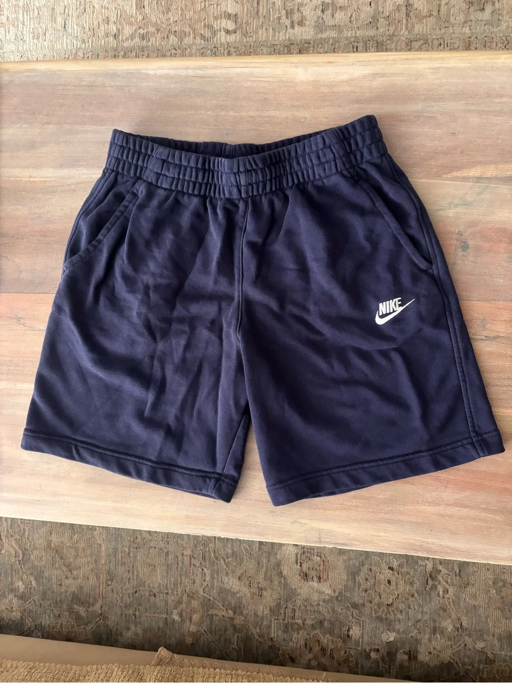 Nike Navy Blue Fleece Shorts with White Embroidered Swoosh